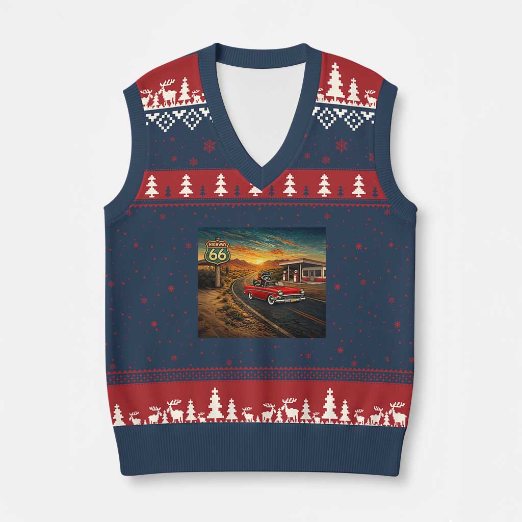 Route Highway 66 Raccoon V-Neck Knit Sweater Vest Americana Road Trip TS12 Navy Red Print Your Wear