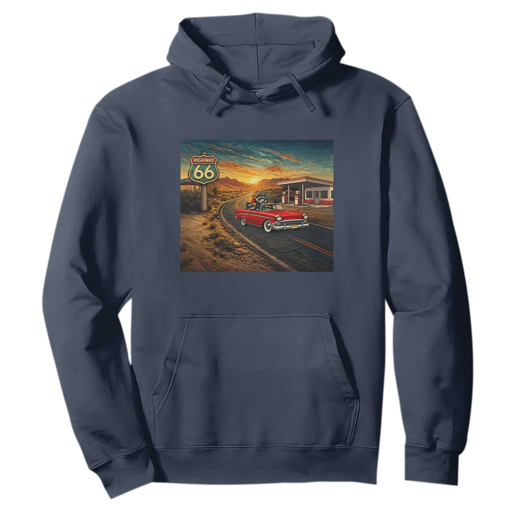 Route Highway 66 Raccoon Hoodie Americana Road Trip TS12 Navy Print Your Wear