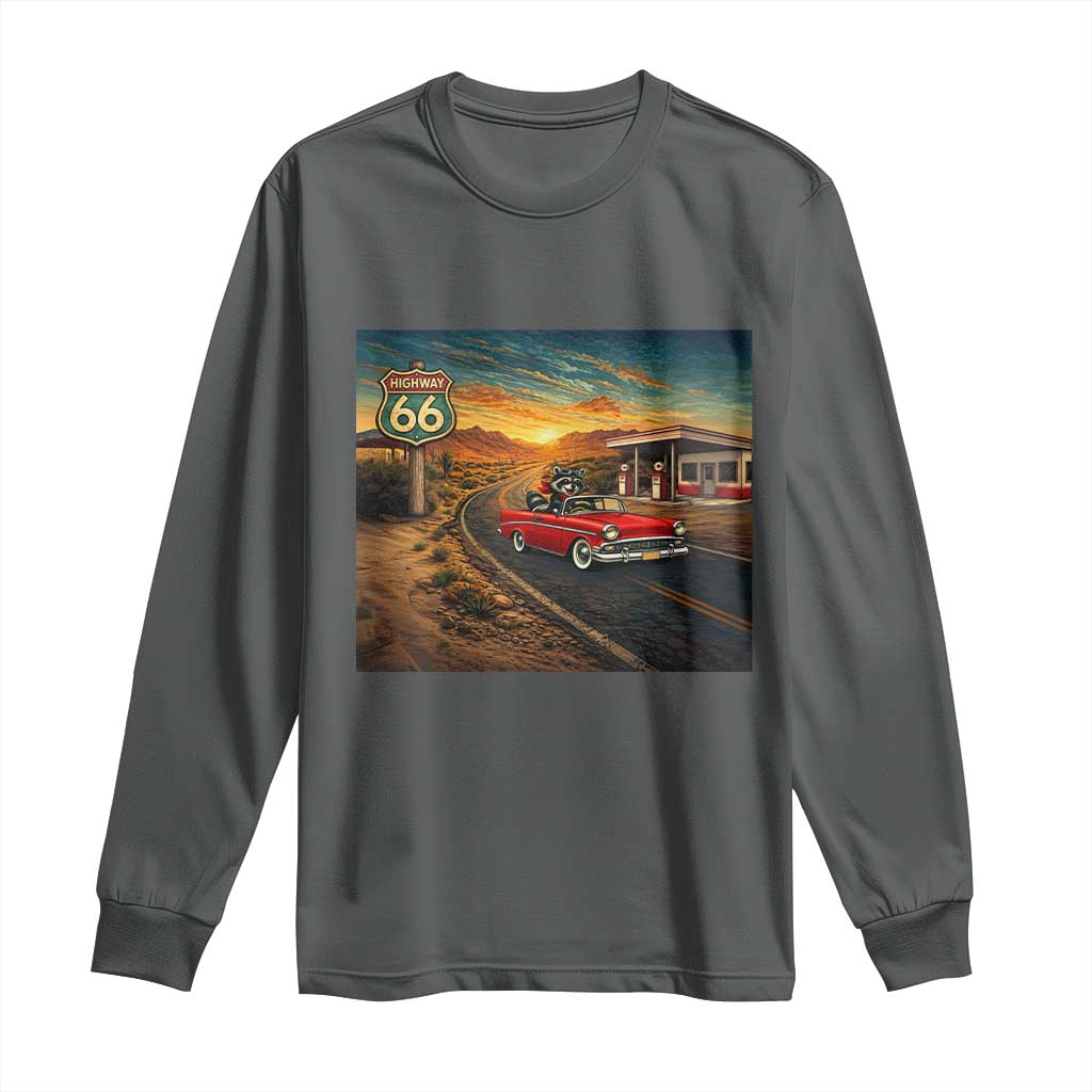 Route Highway 66 Raccoon Long Sleeve Shirt Americana Road Trip TS12 Dark Heather Print Your Wear