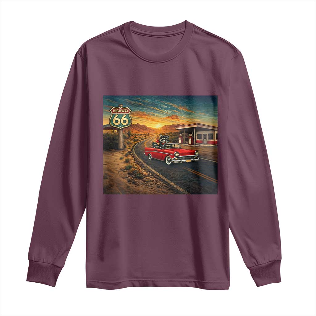 Route Highway 66 Raccoon Long Sleeve Shirt Americana Road Trip TS12 Maroon Print Your Wear