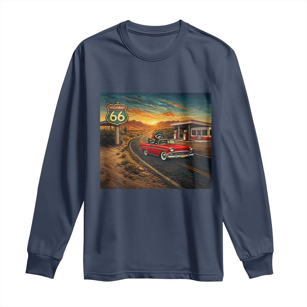 Route Highway 66 Raccoon Long Sleeve Shirt Americana Road Trip TS12 Navy Print Your Wear