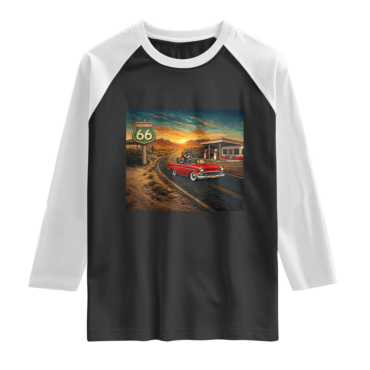 Route Highway 66 Raccoon Raglan Shirt Americana Road Trip TS12 Black White Print Your Wear