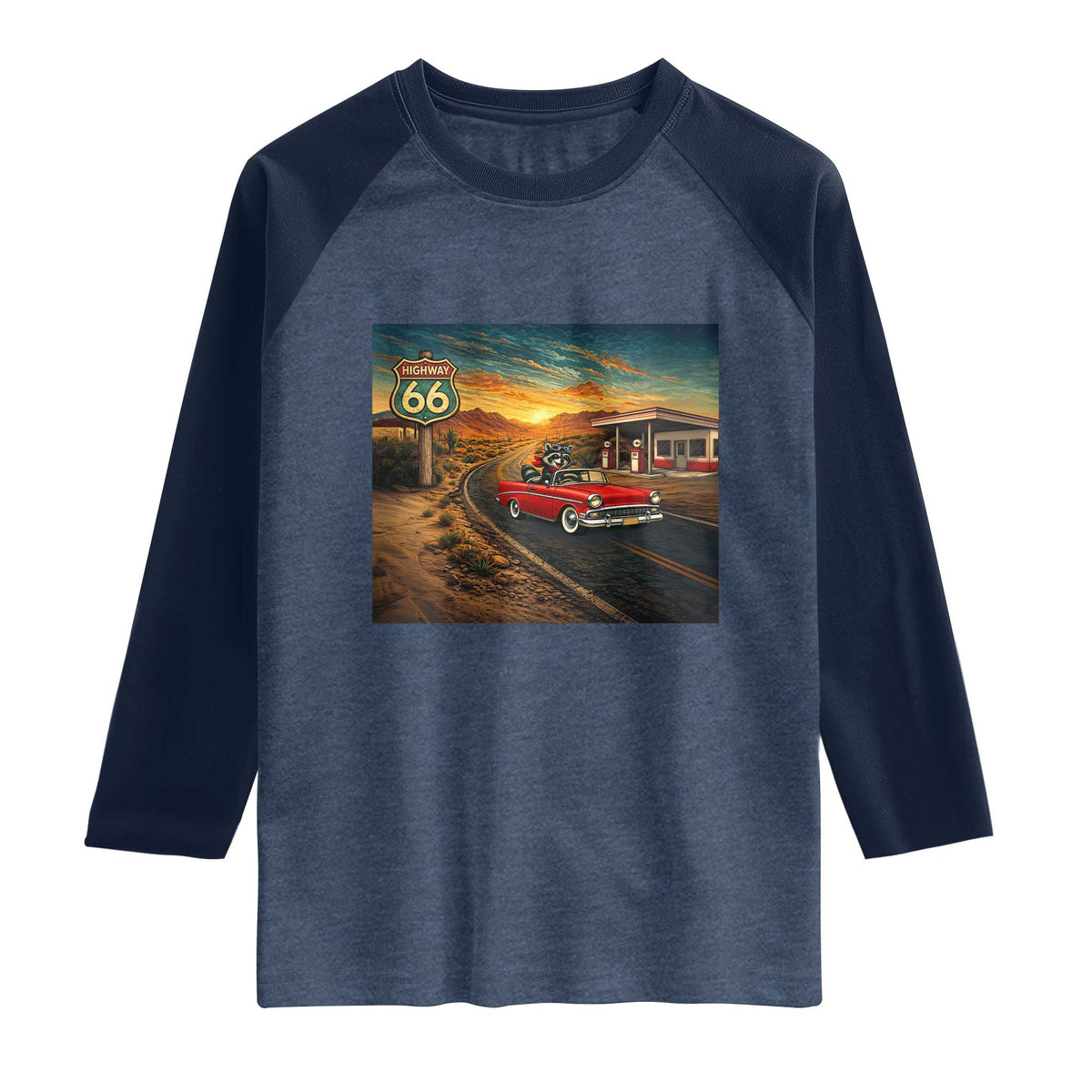 Route Highway 66 Raccoon Raglan Shirt Americana Road Trip TS12 Heather Denim Navy Print Your Wear