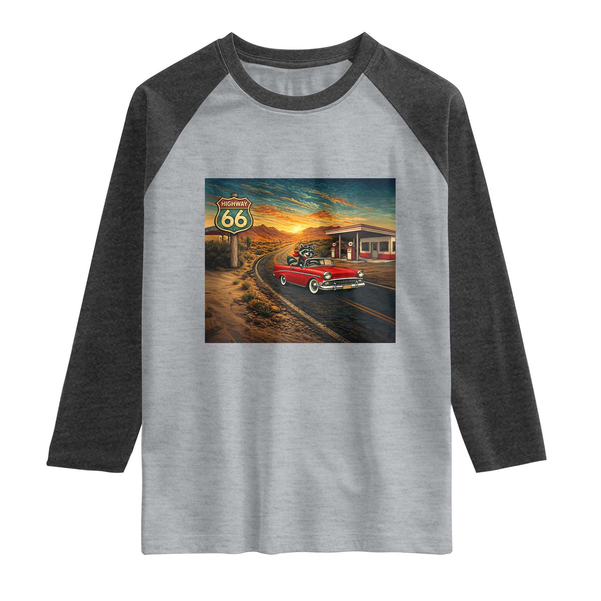 Route Highway 66 Raccoon Raglan Shirt Americana Road Trip TS12 Heather Gray Heather Charcoal Print Your Wear