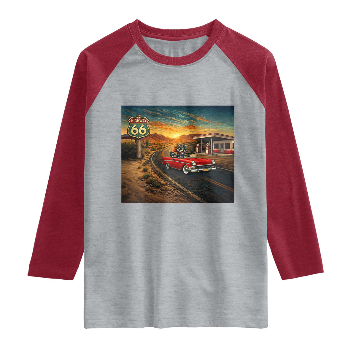 Route Highway 66 Raccoon Raglan Shirt Americana Road Trip TS12 Heather Gray Heather Red Print Your Wear