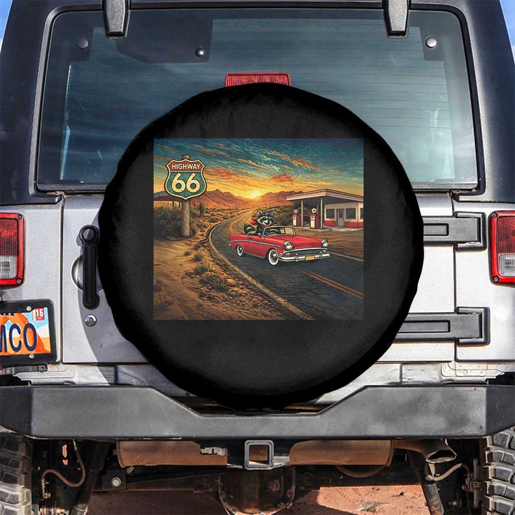 Route Highway 66 Raccoon Spare Tire Cover Americana Road Trip TS12 No hole Black Print Your Wear