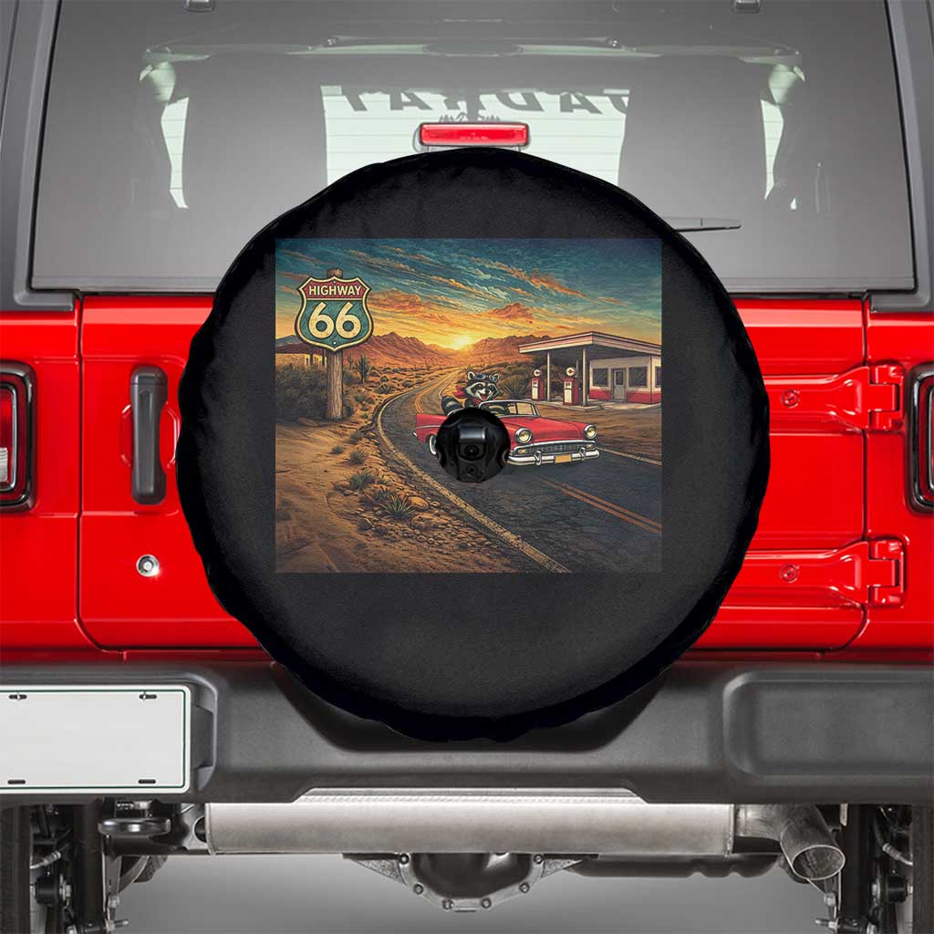 Route Highway 66 Raccoon Spare Tire Cover Americana Road Trip TS12 Black Print Your Wear