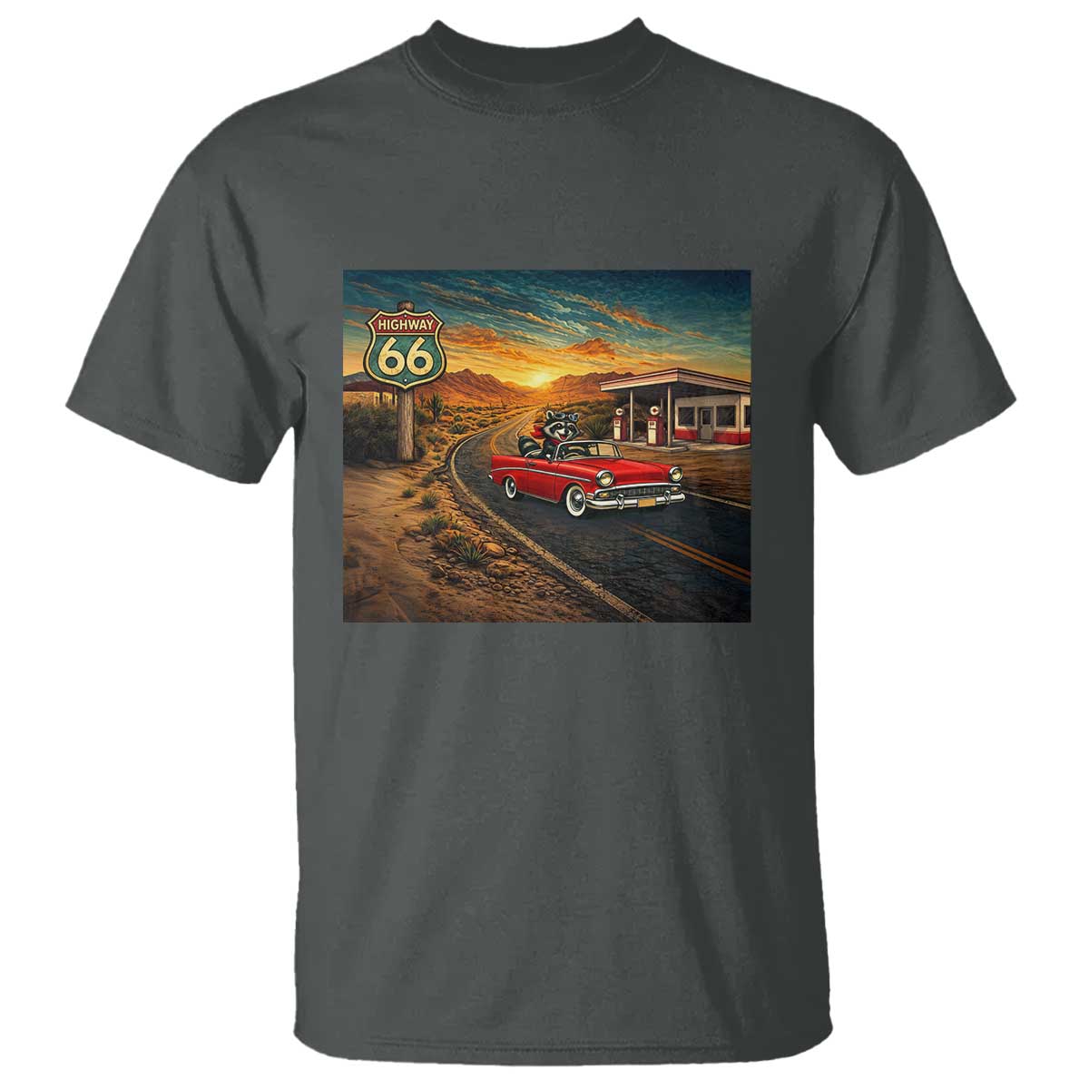 Route Highway 66 Raccoon T Shirt Americana Road Trip TS12 Dark Heather Print Your Wear