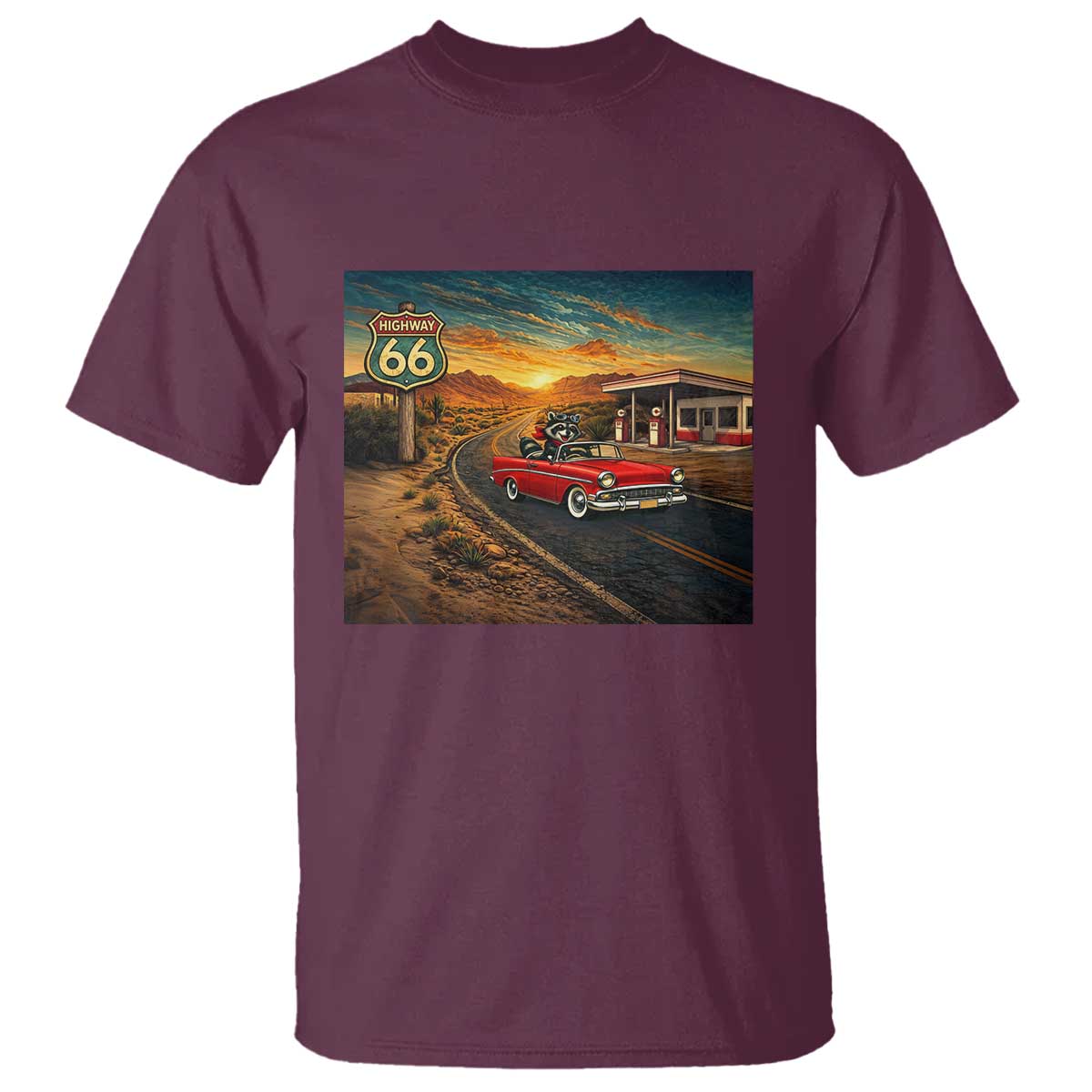 Route Highway 66 Raccoon T Shirt Americana Road Trip TS12 Maroon Print Your Wear