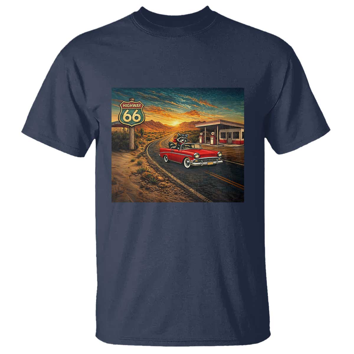 Route Highway 66 Raccoon T Shirt Americana Road Trip TS12 Navy Print Your Wear