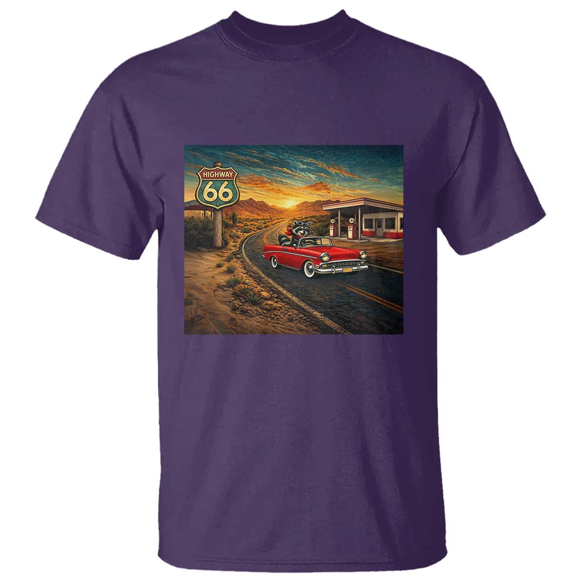 Route Highway 66 Raccoon T Shirt Americana Road Trip TS12 Purple Print Your Wear