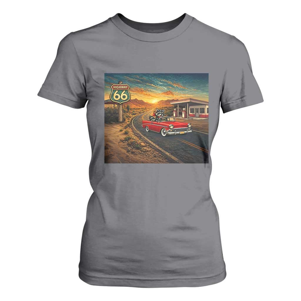 Route Highway 66 Raccoon T Shirt For Women Americana Road Trip TS12 Charcoal Print Your Wear