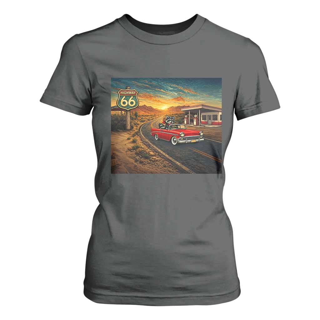 Route Highway 66 Raccoon T Shirt For Women Americana Road Trip TS12 Dark Heather Print Your Wear
