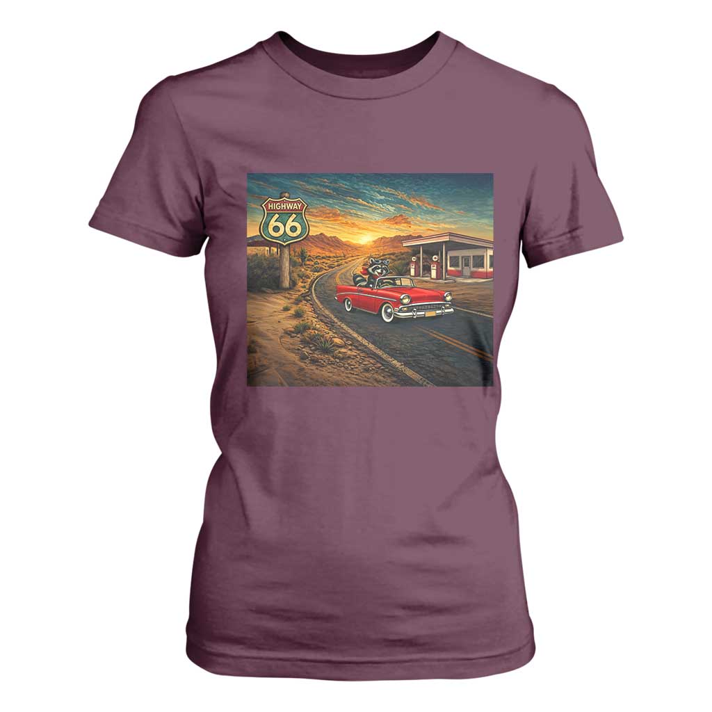 Route Highway 66 Raccoon T Shirt For Women Americana Road Trip TS12 Maroon Print Your Wear