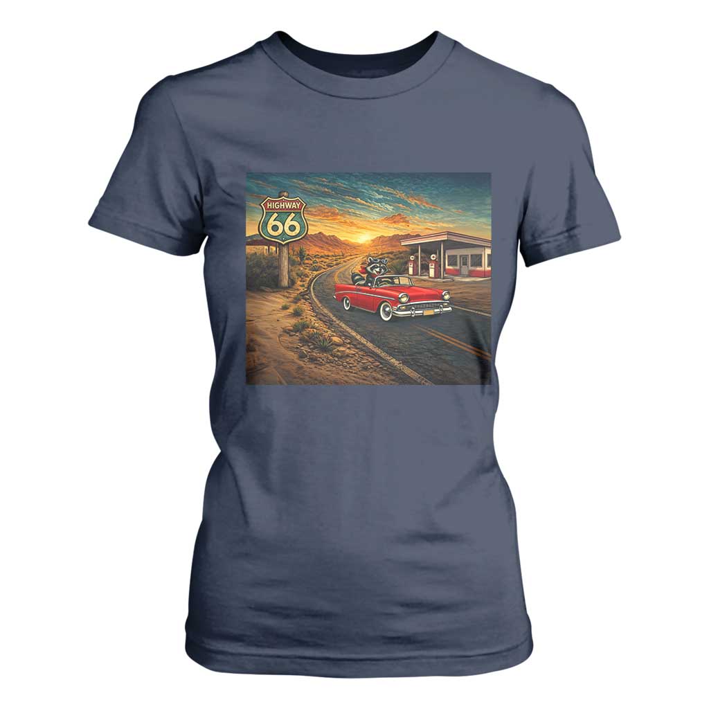 Route Highway 66 Raccoon T Shirt For Women Americana Road Trip TS12 Navy Print Your Wear