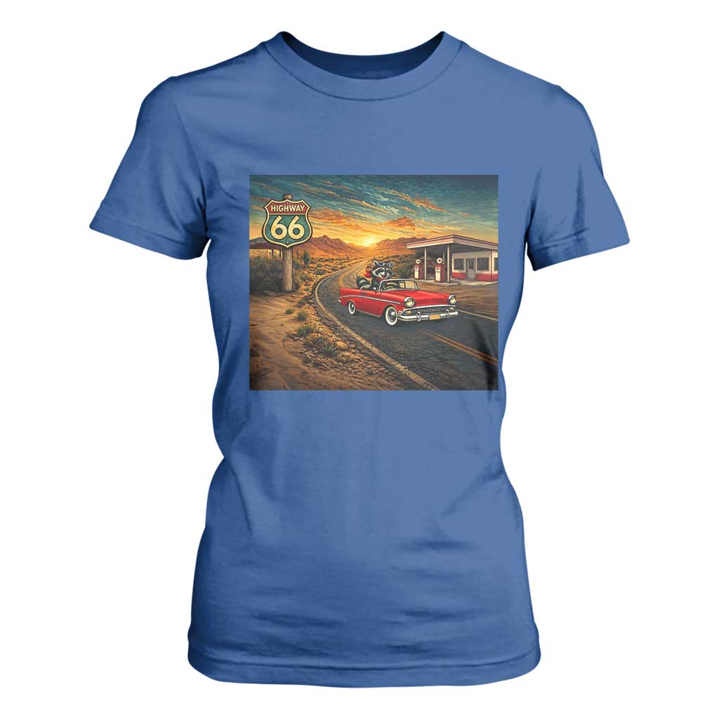 Route Highway 66 Raccoon T Shirt For Women Americana Road Trip TS12 Royal Blue Print Your Wear