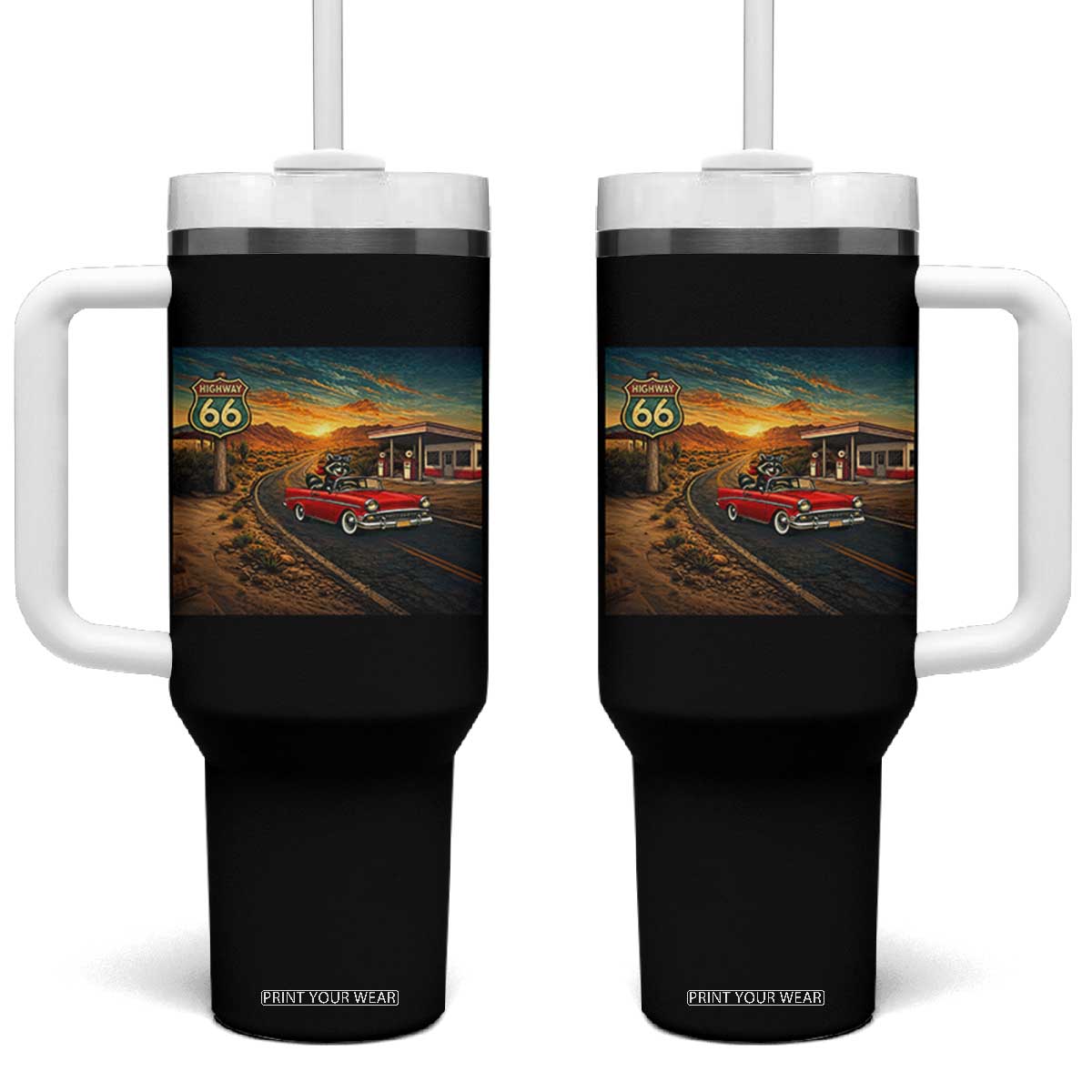 Route Highway 66 Raccoon Tumbler With Handle Americana Road Trip TS12 One Size: 40 oz Black Print Your Wear
