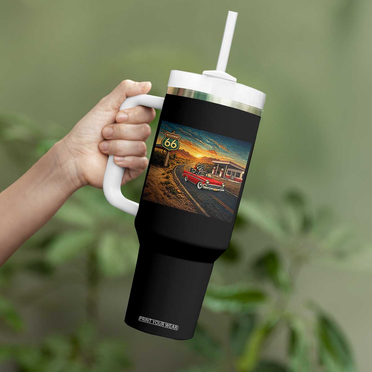 Route Highway 66 Raccoon Tumbler With Handle Americana Road Trip TS12 Print Your Wear