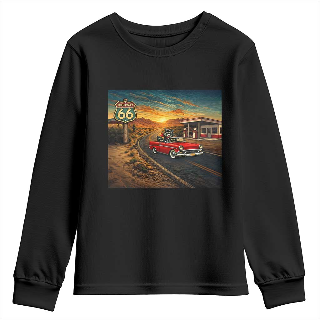 Route Highway 66 Raccoon Youth Sweatshirt Americana Road Trip TS12 Black Print Your Wear