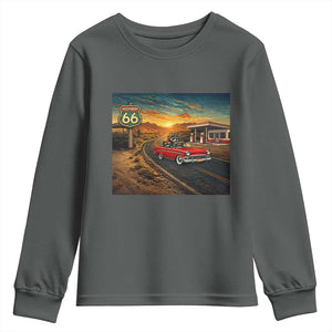 Route Highway 66 Raccoon Youth Sweatshirt Americana Road Trip TS12 Dark Heather Print Your Wear