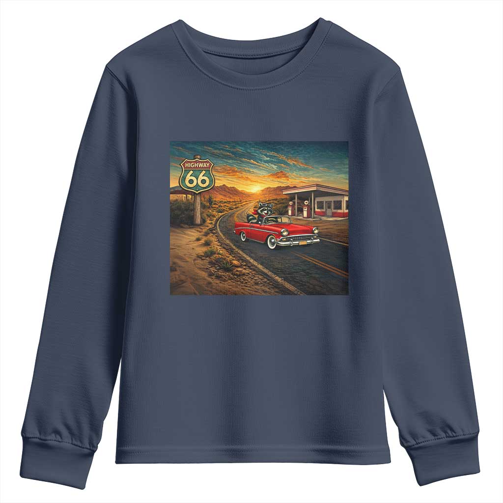 Route Highway 66 Raccoon Youth Sweatshirt Americana Road Trip TS12 Navy Print Your Wear