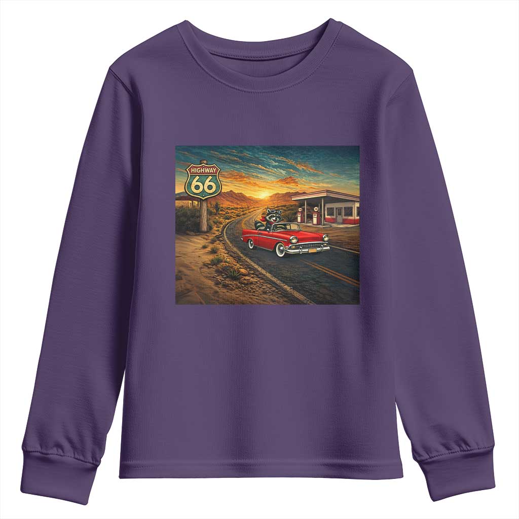 Route Highway 66 Raccoon Youth Sweatshirt Americana Road Trip TS12 Purple Print Your Wear