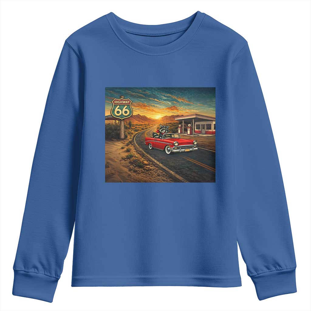 Route Highway 66 Raccoon Youth Sweatshirt Americana Road Trip TS12 Royal Blue Print Your Wear