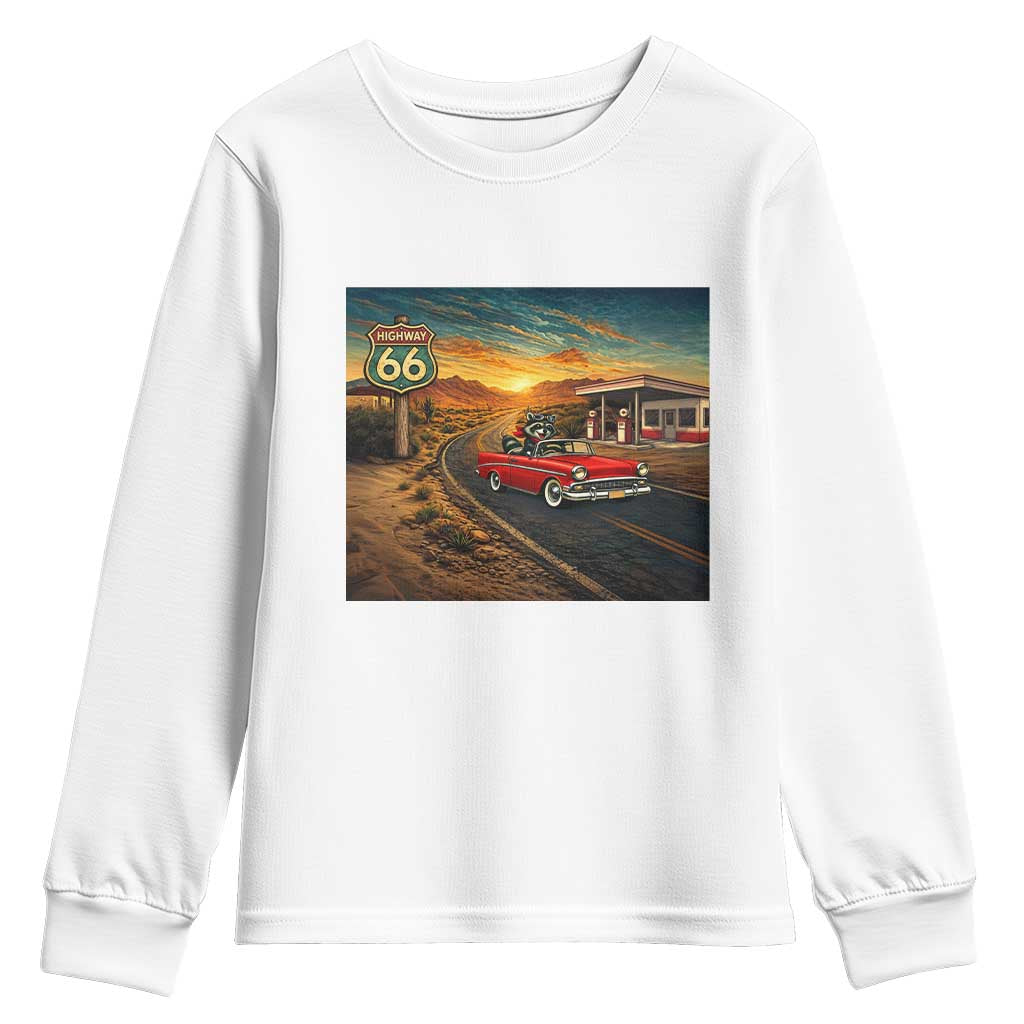 Route Highway 66 Raccoon Youth Sweatshirt Americana Road Trip TS12 White Print Your Wear