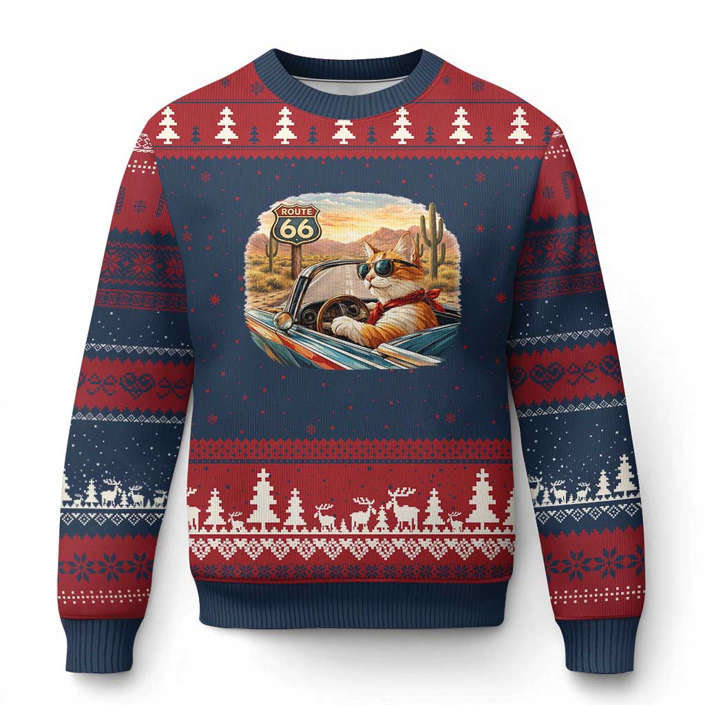 Route Highway 66 Cat Ugly Christmas Sweater Americana Road Trip TS12 Navy Red Print Your Wear
