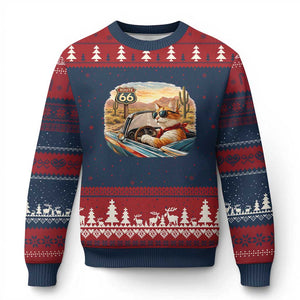 Route Highway 66 Cat Ugly Christmas Sweater Americana Road Trip TS12 Navy Red Print Your Wear