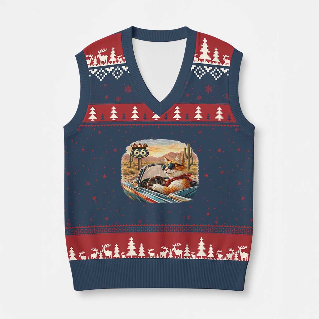 Route Highway 66 Cat V-Neck Knit Sweater Vest Americana Road Trip TS12 Navy Red Print Your Wear