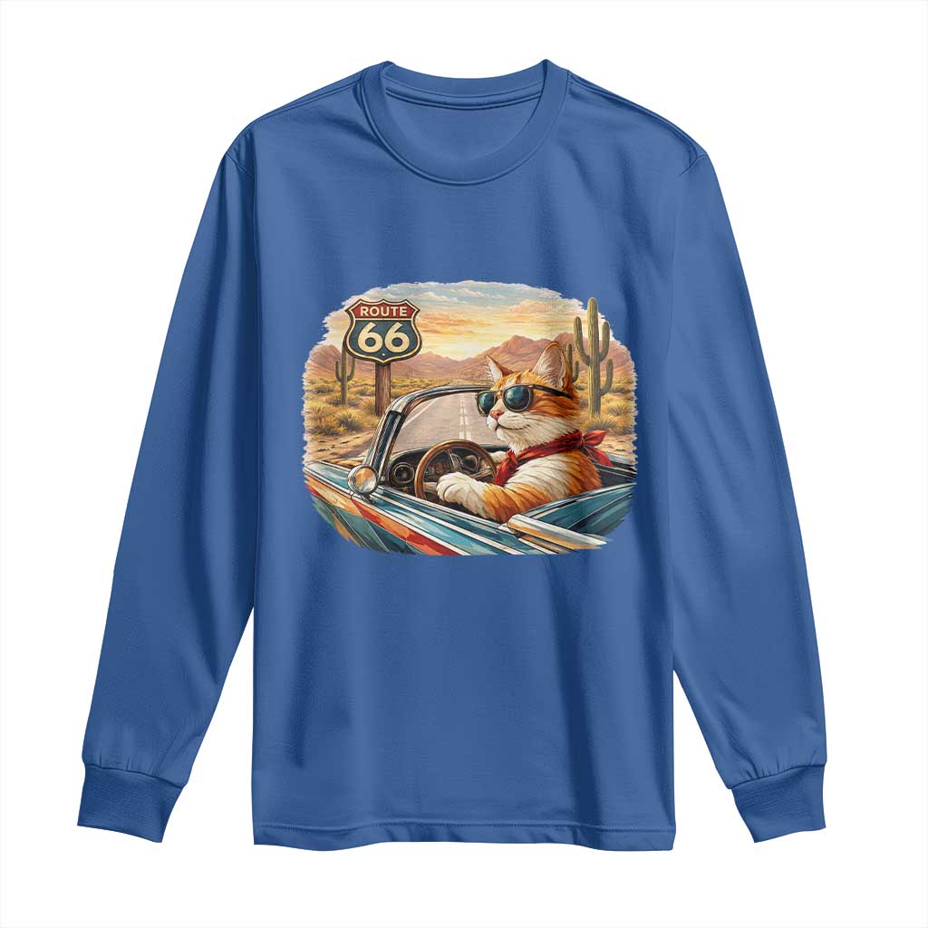 Route Highway 66 Cat Long Sleeve Shirt Americana Road Trip TS12 Royal Blue Print Your Wear