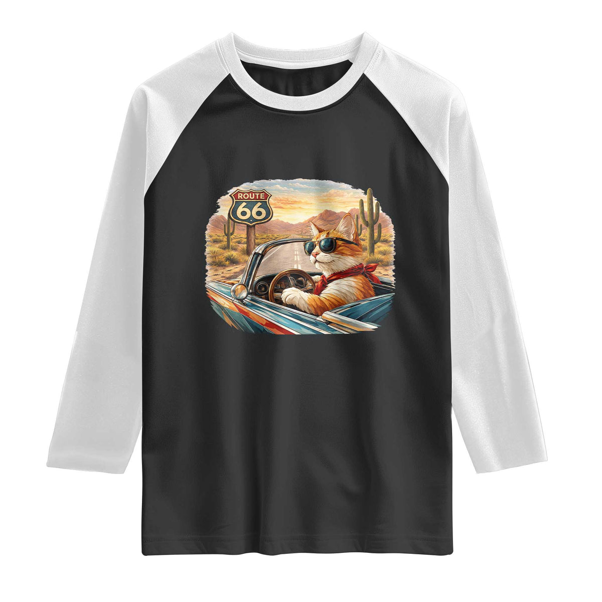 Route Highway 66 Cat Raglan Shirt Americana Road Trip TS12 Black White Print Your Wear