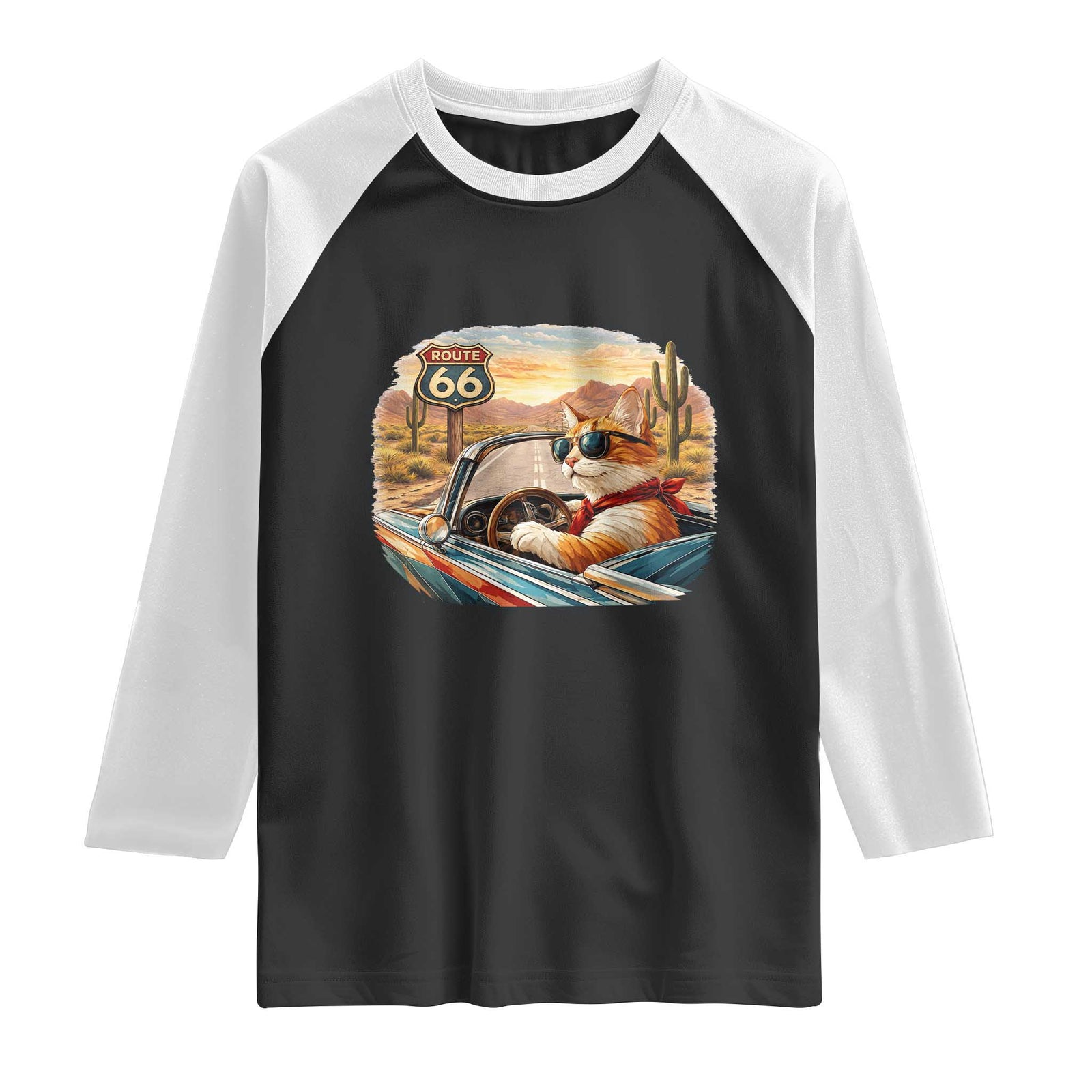 Route Highway 66 Cat Raglan Shirt Americana Road Trip TS12 Black White Print Your Wear