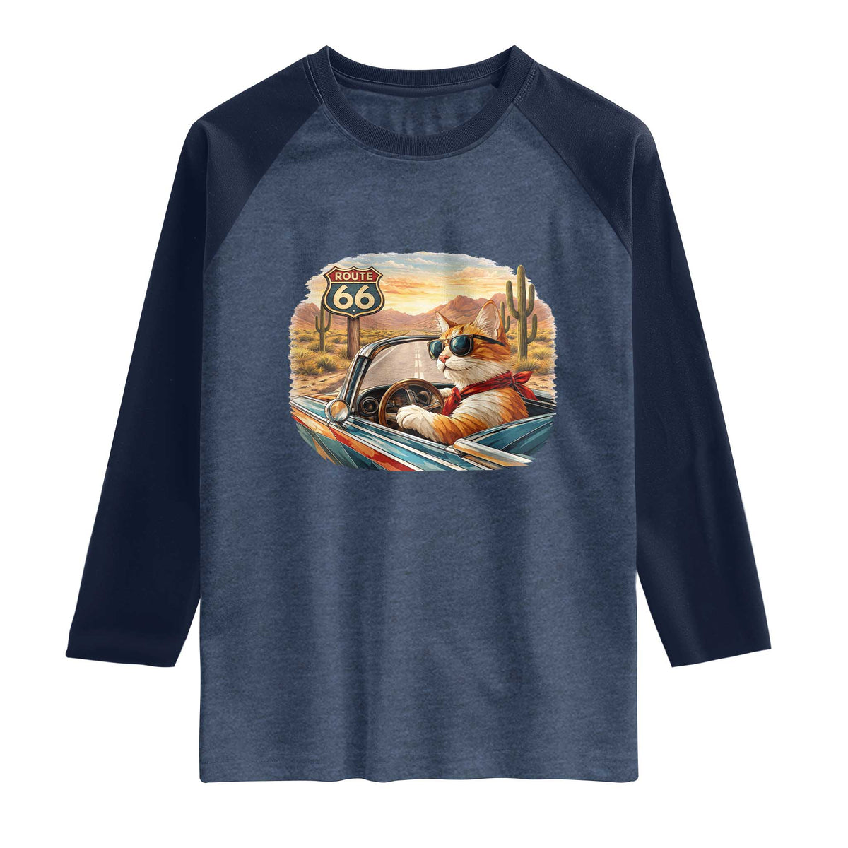 Route Highway 66 Cat Raglan Shirt Americana Road Trip TS12 Heather Denim Navy Print Your Wear