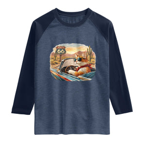 Route Highway 66 Cat Raglan Shirt Americana Road Trip TS12 Heather Denim Navy Print Your Wear