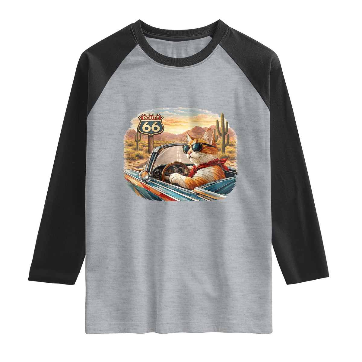 Route Highway 66 Cat Raglan Shirt Americana Road Trip TS12 Heather Gray Black Print Your Wear