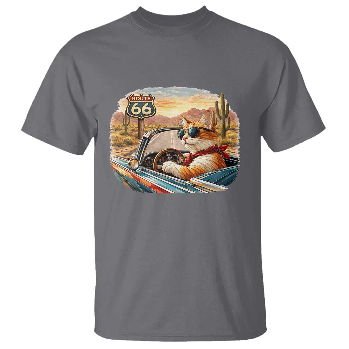 Route Highway 66 Cat T Shirt Americana Road Trip TS12 Charcoal Print Your Wear