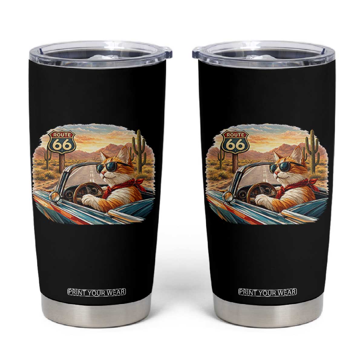 Route Highway 66 Cat Tumbler Cup Americana Road Trip TS12 Black Print Your Wear