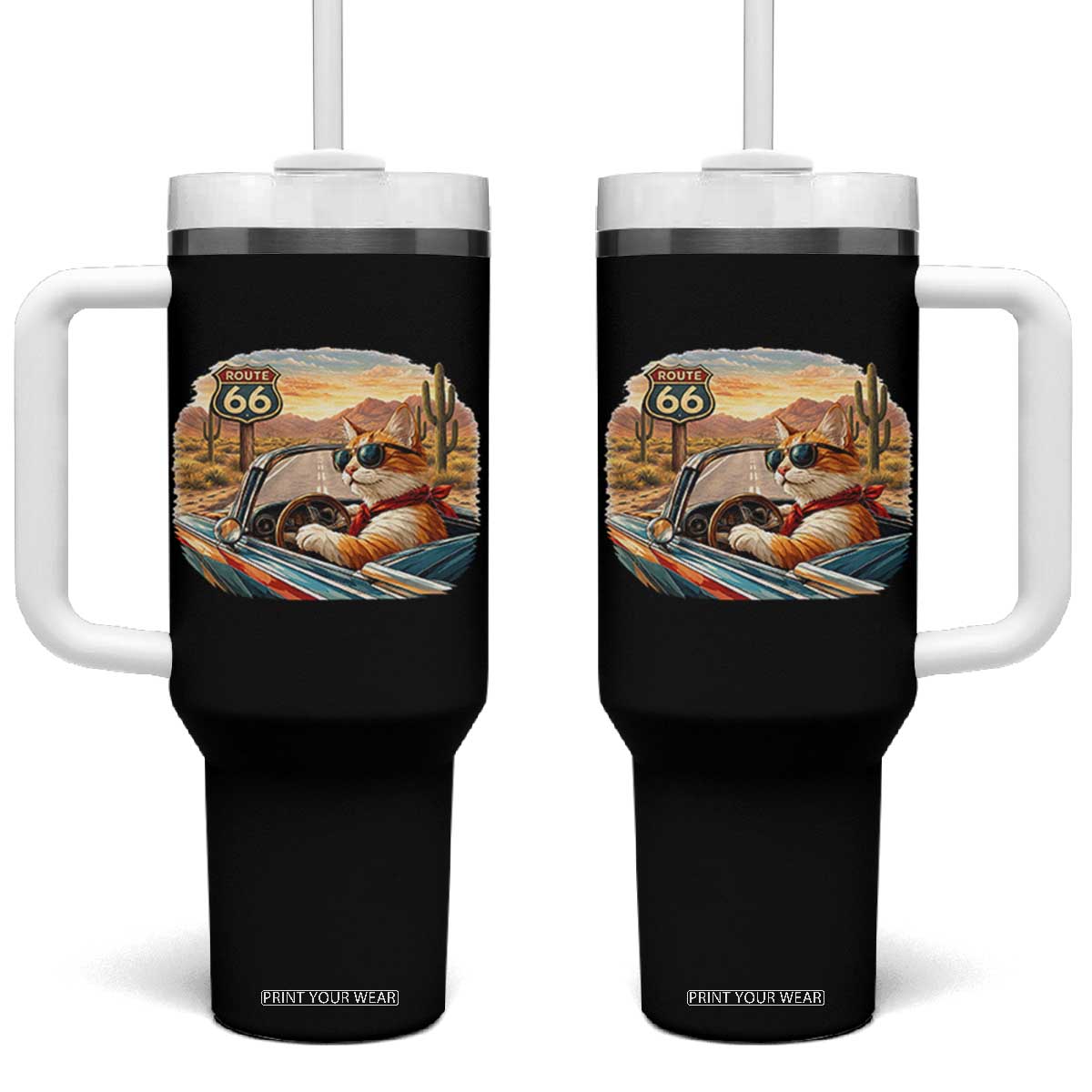 Route Highway 66 Cat Tumbler With Handle Americana Road Trip TS12 One Size: 40 oz Black Print Your Wear