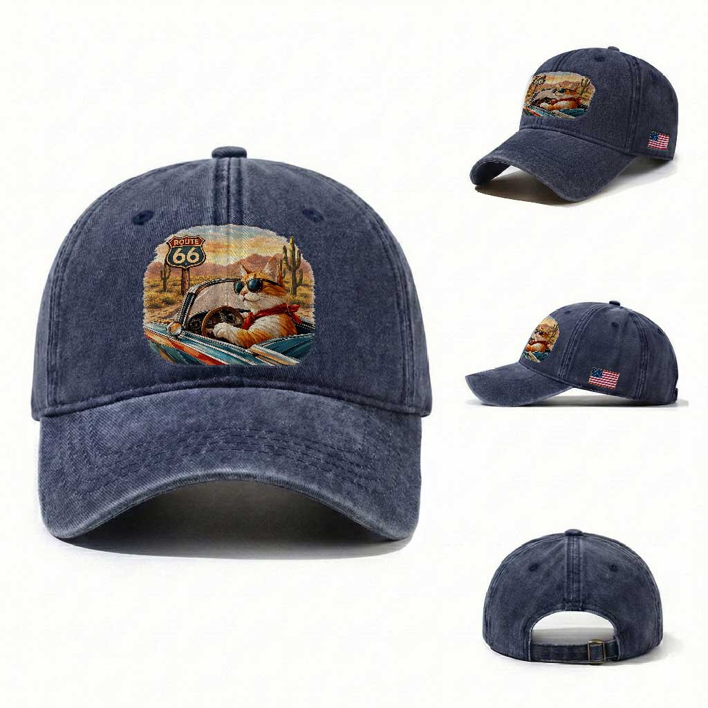 Route Highway 66 Cat Washed Cotton Baseball Cap Americana Road Trip TS12 Washed Cap Universal Fit Navy Print Your Wear