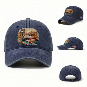 Route Highway 66 Cat Washed Cotton Baseball Cap Americana Road Trip TS12 Washed Cap Universal Fit Navy Print Your Wear