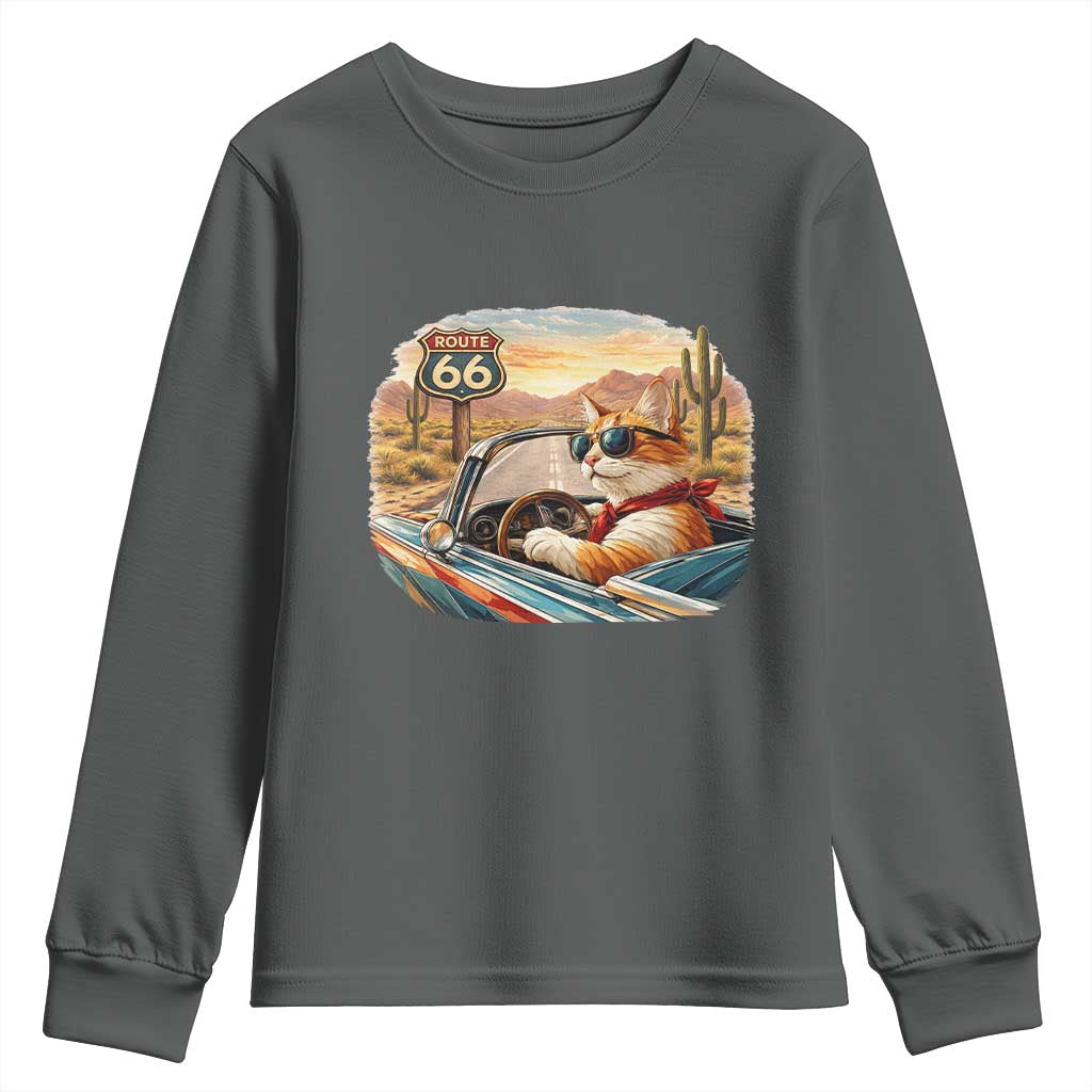 Route Highway 66 Cat Youth Sweatshirt Americana Road Trip TS12 Dark Heather Print Your Wear