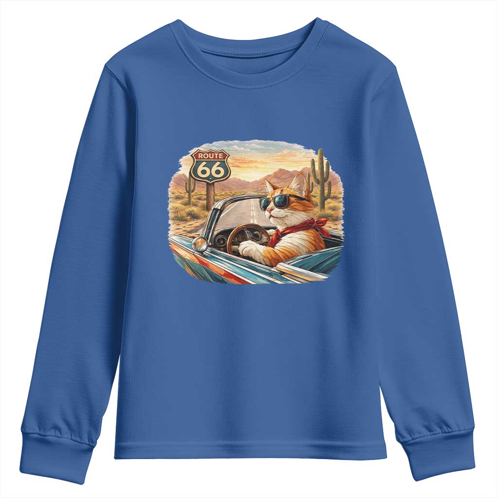 Route Highway 66 Cat Youth Sweatshirt Americana Road Trip TS12 Royal Blue Print Your Wear