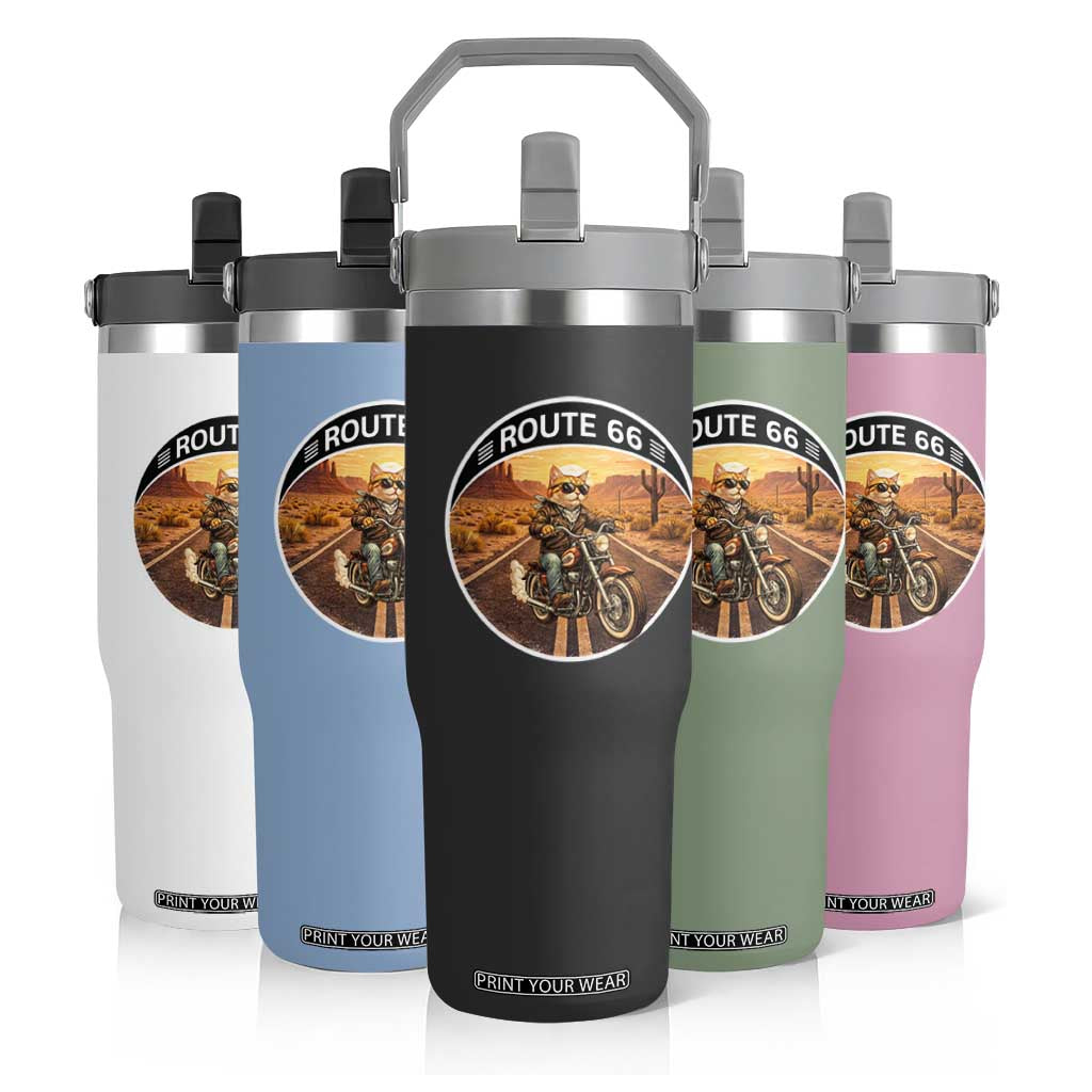 Route Highway 66 Motorcycle Cat Flip Straw Tumbler Road Trip Adventure TS12 Print Your Wear