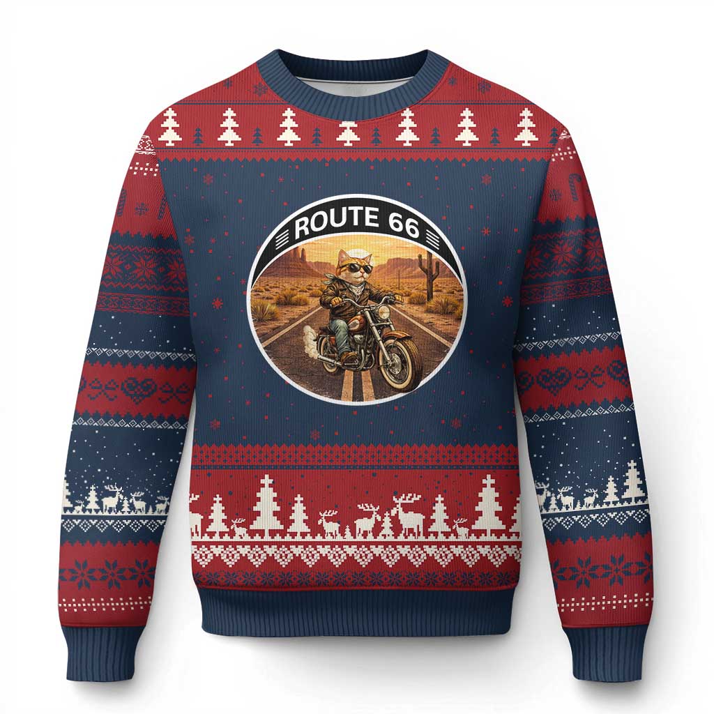 Route Highway 66 Motorcycle Cat Ugly Christmas Sweater Road Trip Adventure TS12 Navy Red Print Your Wear