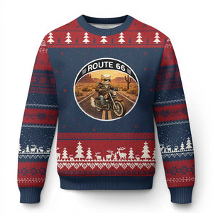 Route Highway 66 Motorcycle Cat Ugly Christmas Sweater Road Trip Adventure TS12 Navy Red Print Your Wear