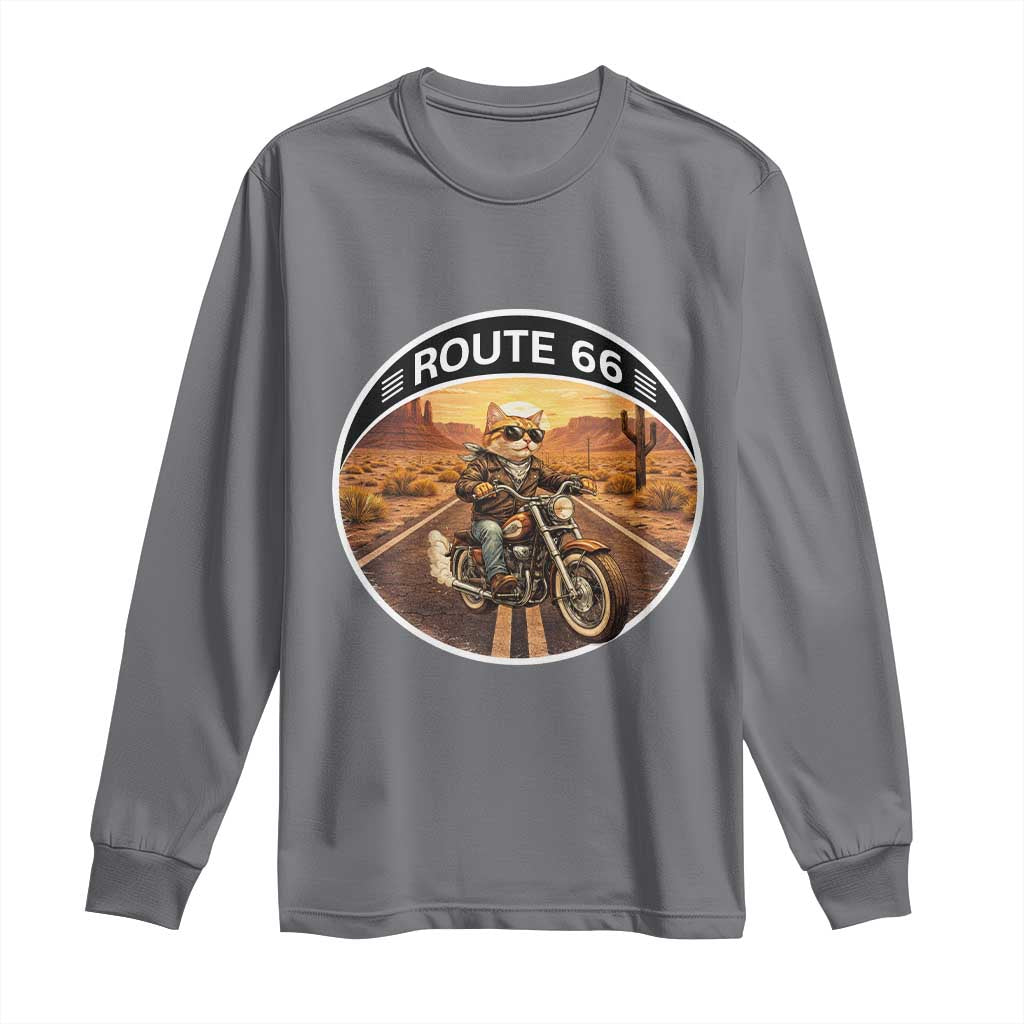 Route Highway 66 Motorcycle Cat Long Sleeve Shirt Road Trip Adventure TS12 Charcoal Print Your Wear