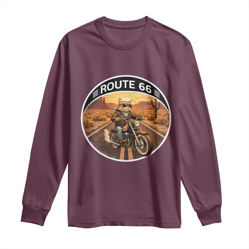 Route Highway 66 Motorcycle Cat Long Sleeve Shirt Road Trip Adventure TS12 Maroon Print Your Wear