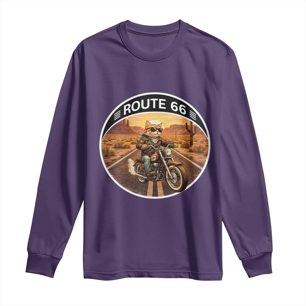 Route Highway 66 Motorcycle Cat Long Sleeve Shirt Road Trip Adventure TS12 Purple Print Your Wear